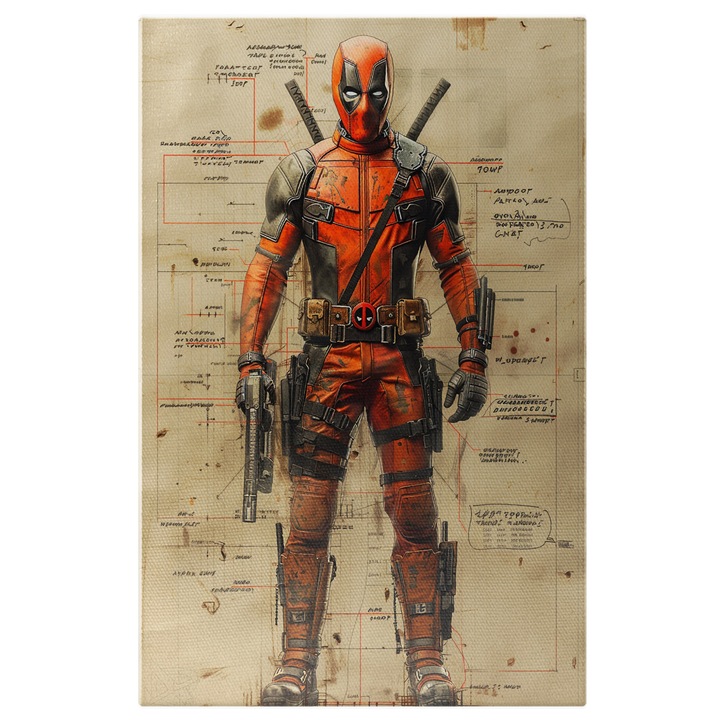 Tablou Canvas: Foaie tip pergament cu inscriptii tehnice - Personaj Marvel Deadpool Pictura Digitala 70x50CM