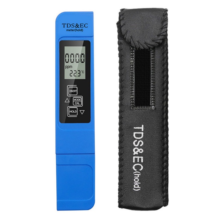 TDS-EC teszter a víz tisztaságának és hőmérsékletének ellenőrzéséhez, enkourakoko, LCD képernyő, kék