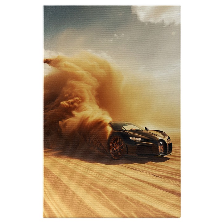 Tablou Canvas: Bugatti iesind dintr-un nor de nisip din cauza vitezei - Eleganta masinii in nisip Pictura Digitala 40x25CM