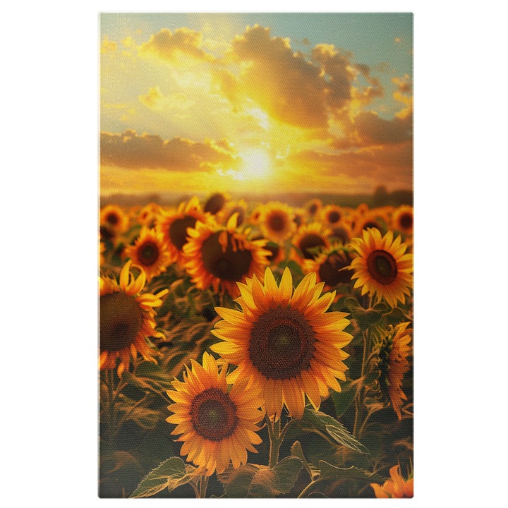 Tablou Canvas: Peisaj tipic de vara cu un camp de floarea Soarelui - Lumina apusului ce mangaie florile Pictura Digitala 60x40CM