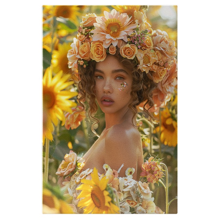 Tablou Canvas: Vara prinsa intr-un portret de femeie cu floarea soarelui - Coroana bogata de flori Pictura Digitala 90x60CM