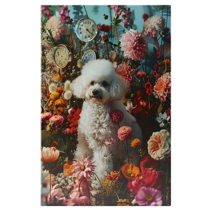 Tablou Canvas: Modelul de poze canin intre petale colorate - Blanita alba ce se imbina cu alte culori Pictura Digitala 40x25CM