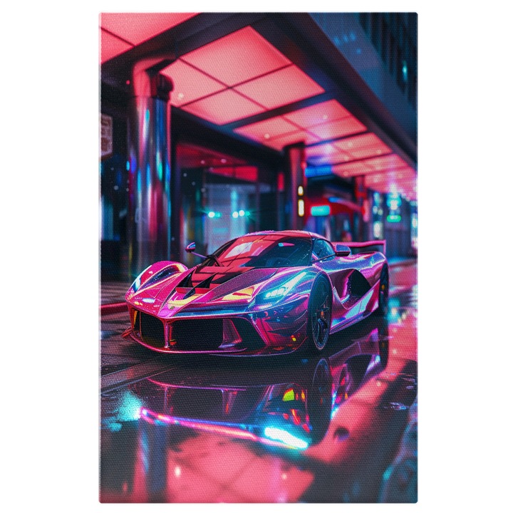 Tablou Canvas: Lux si opulenta pe o masina fioroasa in centrul orasului - Lumini roz pe vopseaua masinii Pictura Digitala 40x25CM