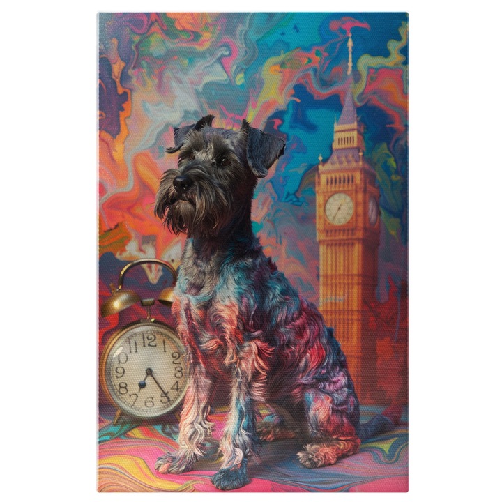 Tablou Canvas: Aspectul Pestrit ai Cainelui cu Mustati Valori Colorate in Timp Ceas Big Ben Pictura Digitala 40x25CM