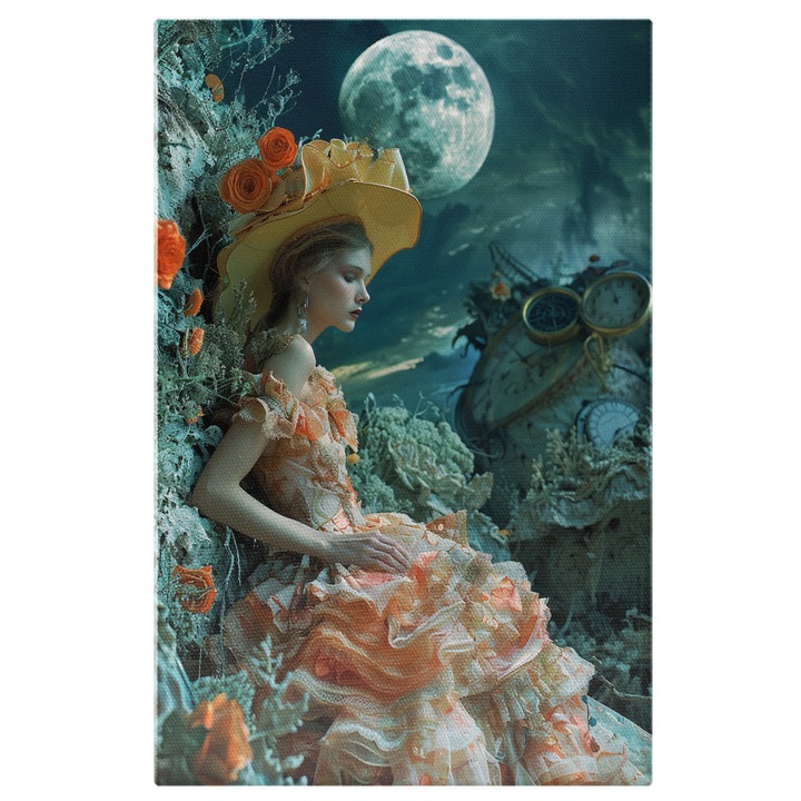 Tablou Canvas: In Asteptarea Lui Trecerea prin Timp A Doamnei in Rochie Vintage la Lumina Lunii Pictura Digitala 40x25CM