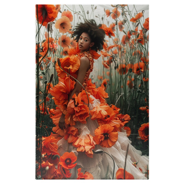 Tablou Canvas: Pielea Bronzata de Soarele de Mult Apus Femeia cu Flori Portocalii in Ceata Pictura Digitala 60x40CM