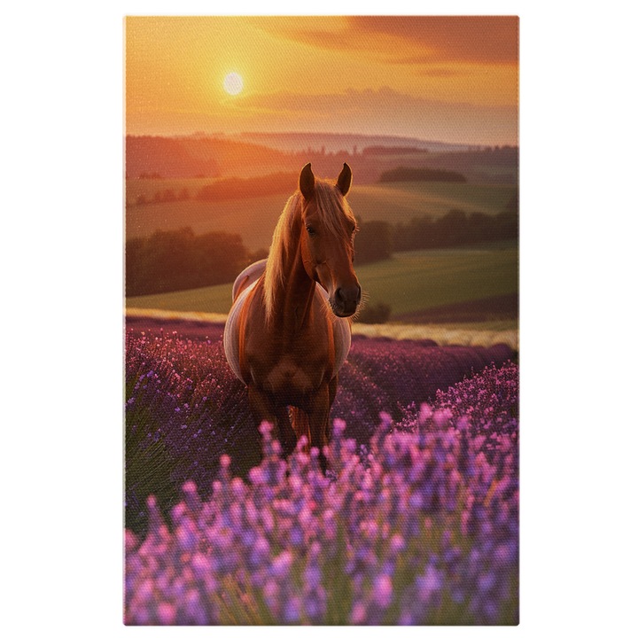 Tablou Canvas: Intalnirea Destinului in Peisaj de Basm Cal pe Dealul cu Lavanda Parfumata Pictura Digitala 40x25CM