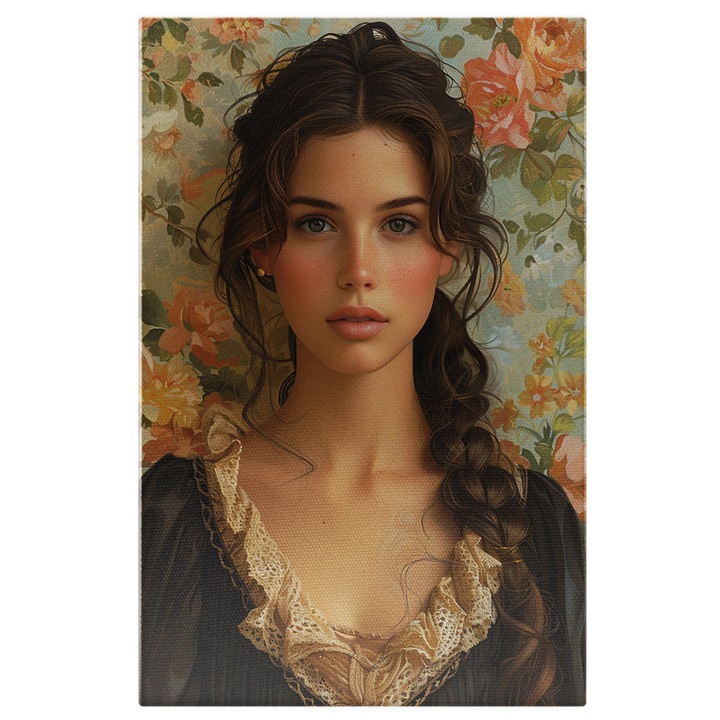 Tablou Canvas: Misterul Ascuns in Privirea Tacuta a Fetei cu Impletituri Rochie cu Nojite Pictura Digitala 40x25CM