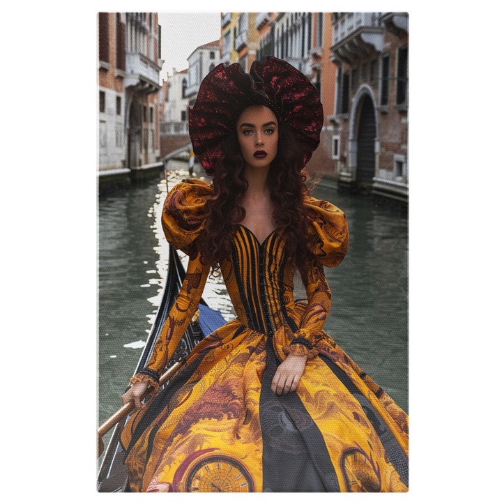 Tablou Canvas: Festival Venetian Doamna in Rochie Galbena din Barcuta cu Vasla Eleganta Pictura Digitala 70x50CM
