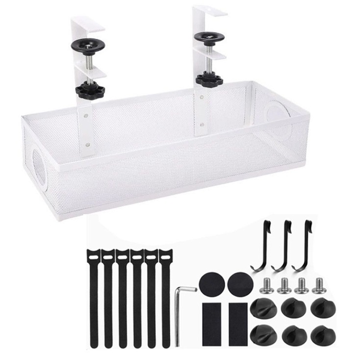 Set organizator cablu, 20 piese, otel carbon, birou si casa, alb