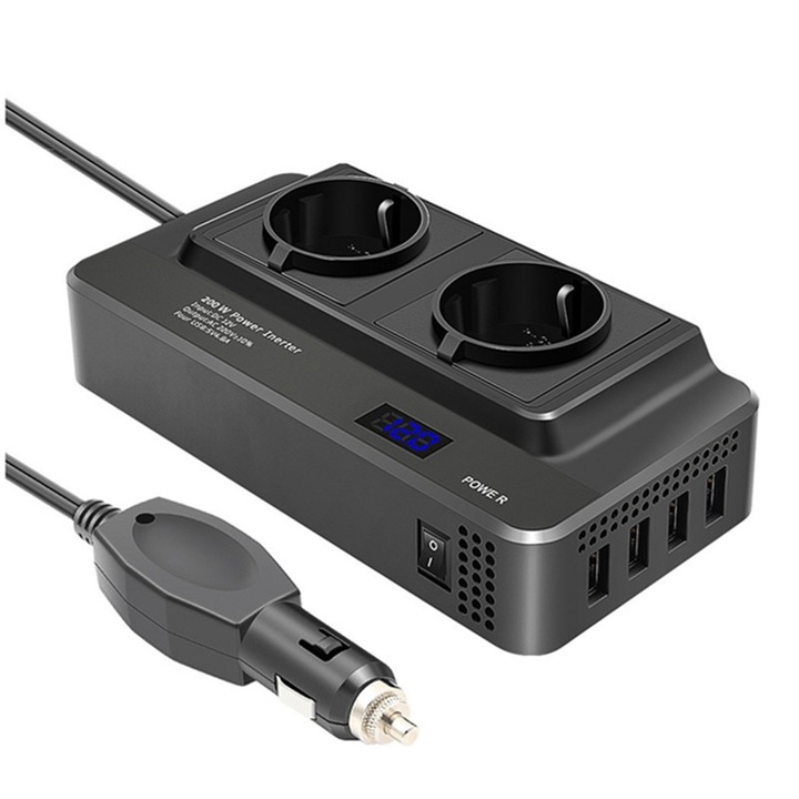 Автомобилен инверторен контакт 12V към двоен EU контакт 220V, мощност 200W, 4 x USB порта, цифров дисплей