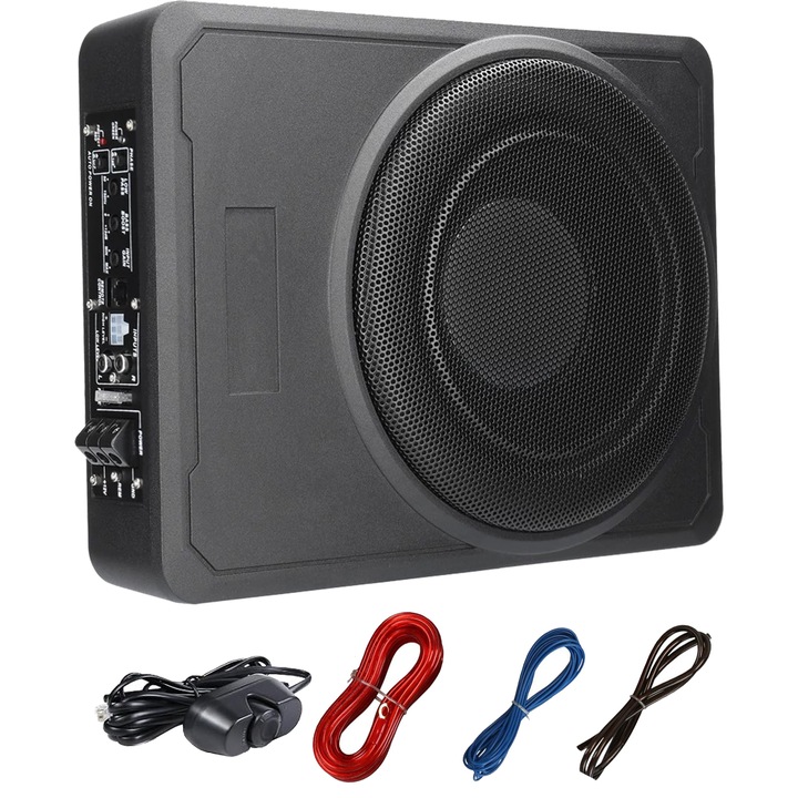 Subwoofer alimentat, Axroad Mall, Putere 600 W, 12V, Cu telecomanda, cabluri, grilaj de protectie, Usor de instalat, protectie la scurtcircuit, Pentru masina, camion, Jeep, Aliaj de aluminiu, 34.5*26*6.8cm, Negru