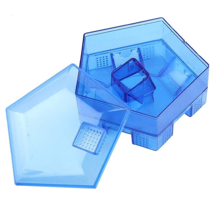 Capcana pentru gandaci reutilizabila, JENUOS®, 2 Etaje, Cu 5 intrari, Detasabil, Cu orificii de aerisire, ABS Plastic, 14.5 x 13.5 x 7 cm, Albastru/Transparent
