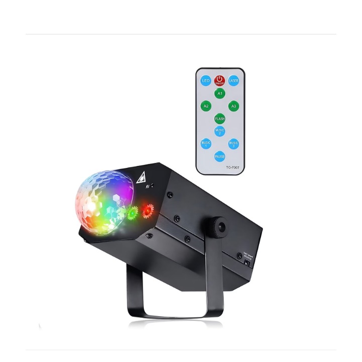 Projektor disco fényekkel és diszkógömbbel, ANUTETOUNI, több fényjáték, lézereffektus, hangvezérlés, lefedettség 55 m2-ig, távirányító, dugós vagy USB tápegység, fém ház, fekete