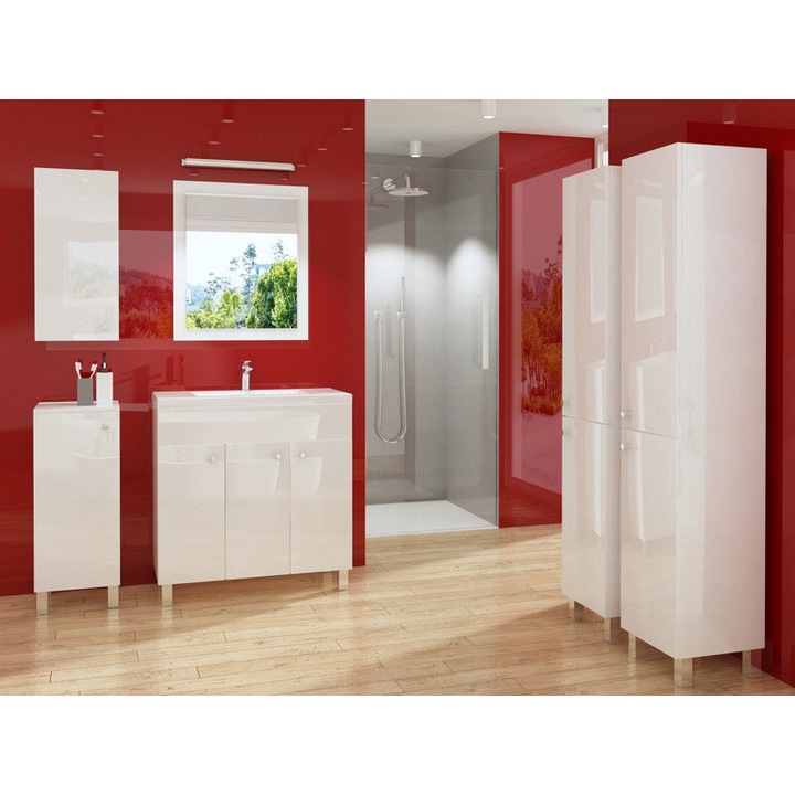 Dulap De Baie Si Lavoar, paplinskimoebel, Sui 80, Laura 80, Sticla, Calitate Superioara, Materiale Rezistente, Mdf, Ceramica, Aluminiu, 79.8 Cm X 38.8 Cm X 80.4 Cm, Alb