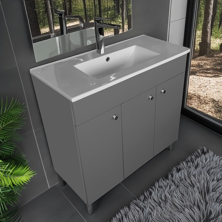 Dulap De Baie Si Lavoar, paplinskimoebel, Sui 80, Laura 80, Material Placa De Mobilier De 18 Mm, Finisaj Mat In Nuanta Gri, Rezistenta La Zgarieturi Si Pete, Protectie Impotriva Umiditatii Prin Folie Pvc, 79.8 Cm X 39 Cm X 80.4 Cm, Grafit