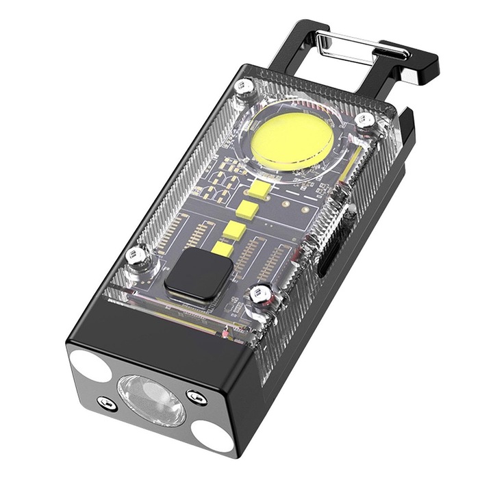 Мини фенерче тип ключодържател, ZJZ, USB презареждаемо, захранвано от слънчева енергия, водоустойчиво, с отварачка за бутилки и магнитна основа, 9x3x2 см, черно