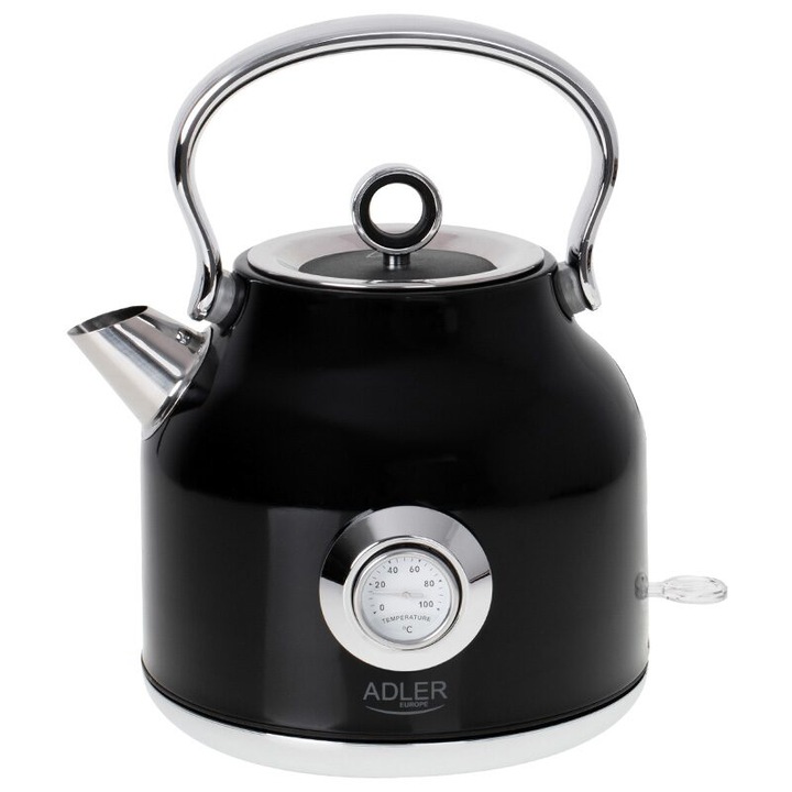 Fierbator electric cu termometru, 1.7 l, Inox, Negru, 2200 W, Retro design