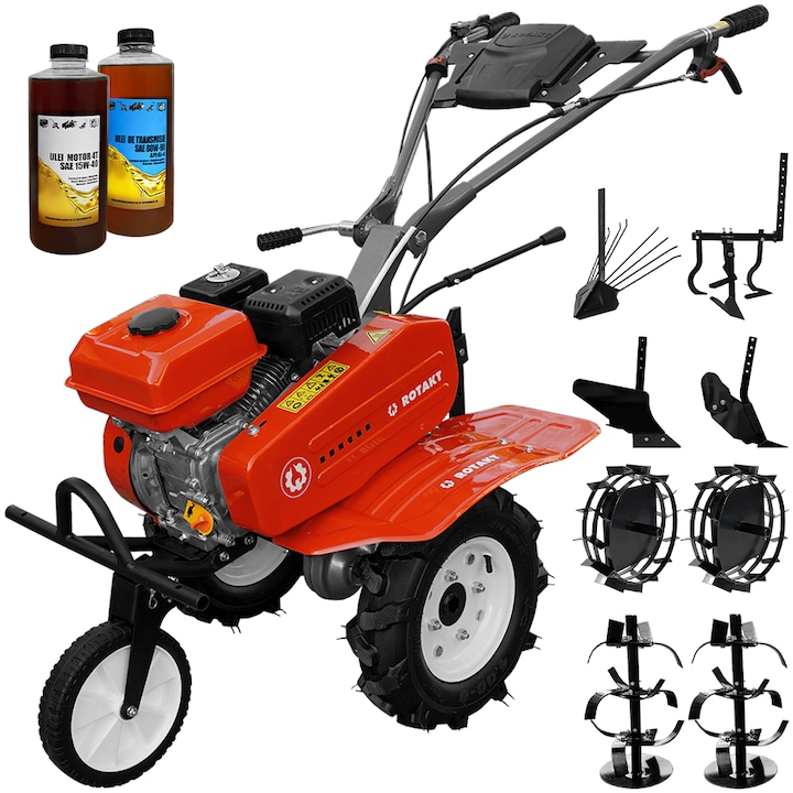 Motosapa Rotakt RO75RS NEW, motor 7 CP, benzina, 3 viteze, latime lucru 83 cm, freze, roti cauciuc 4.00x8, roata frontala, roti metal, plug arat, rarita reglabila, plug cartofi, cultivator, 2l ulei