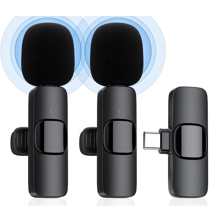 ​Set 2 x Lavaliere Microfon Wireless cu receiver conector USB Type-C pentru Live Streaming YouTube Facebook TikTok ​ negru