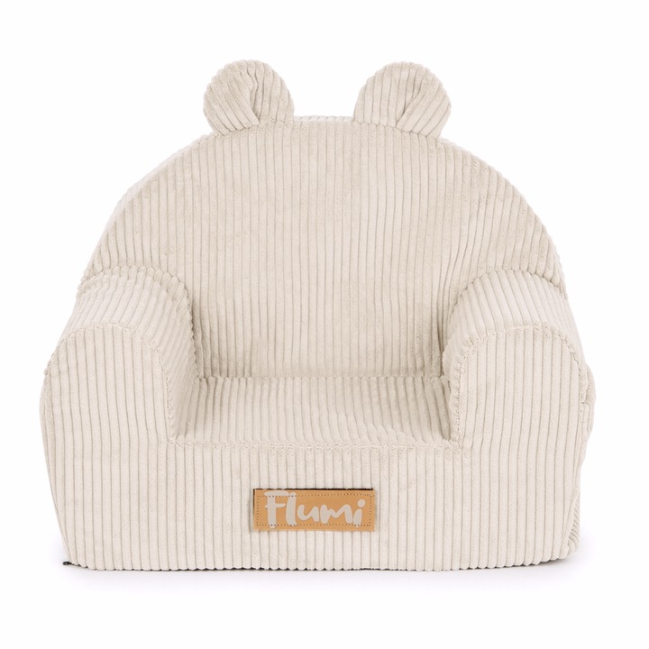 Fotoliu copii din spuma, struks, cu urechi, husa detasabila si lavabila, fotoliu bebelusi, bej, Flumi