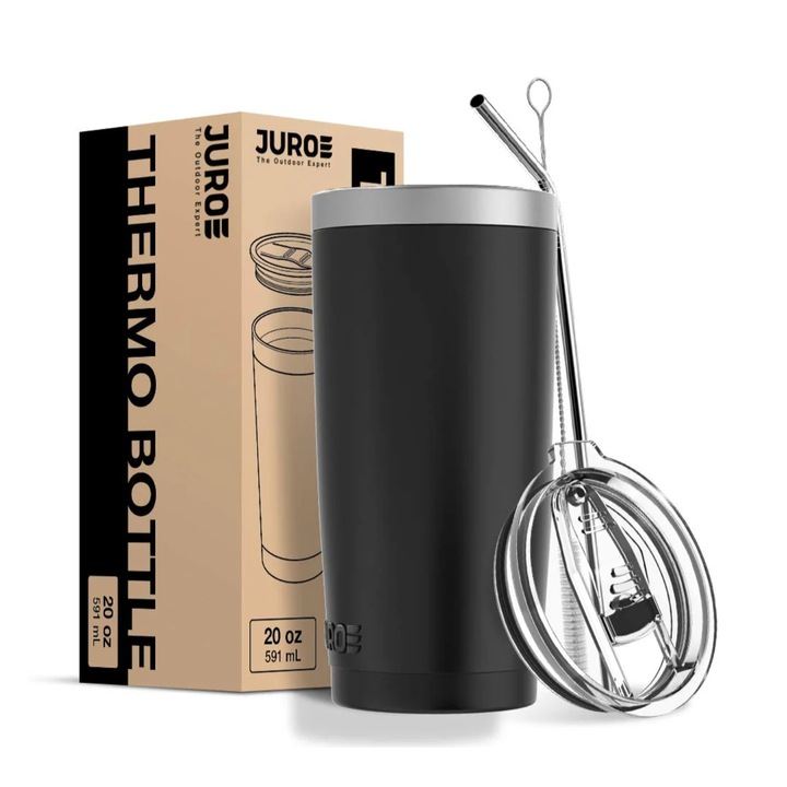 Termos cu 2 capace diferite, pai din inox si perie pentru curatare, negru, 600 ml, 7, 6 cm x 18 cm