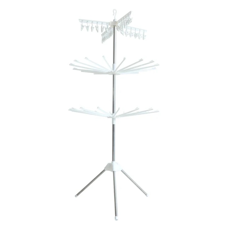 Függőleges ruhaszárító, 3 forgatható szinttel, 1 szint bilincsekkel, összecsukható, könnyen tárolható, fémből és műanyagból, fehér/ezüst