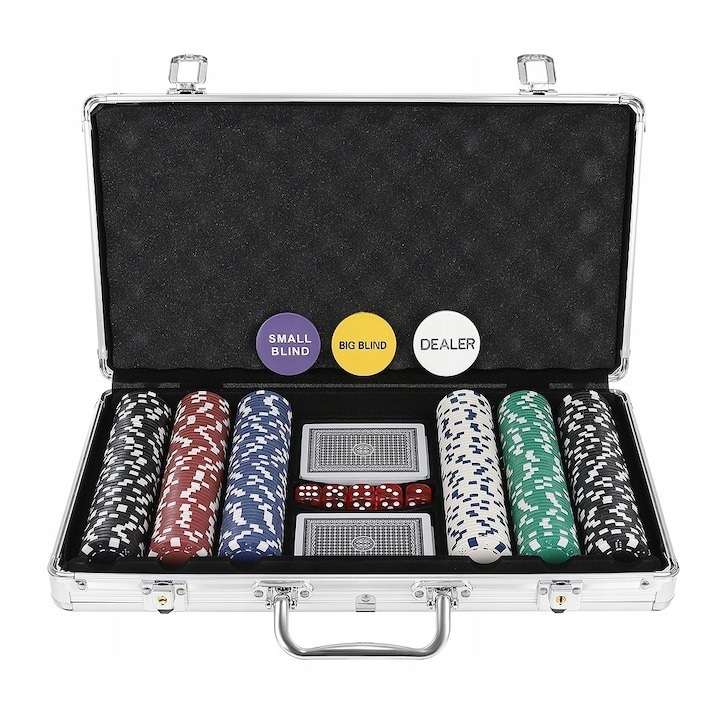 Покер комплект, 300 чипа и аксесоари, многоцветен, алуминиев калъф за съхранение, Dactylion®