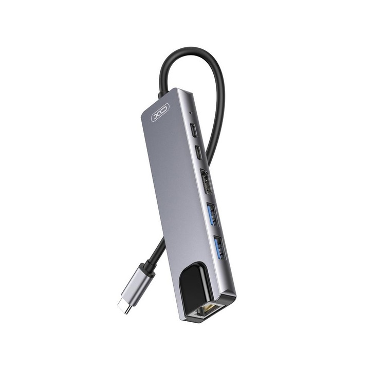 Хъб 6 в 1 от Type-C към USB-A(2.0) + USB-A(3.0) + HDMI 4K + 2xUSB-C(PD 100W) + RJ45, XO HUB013, сив