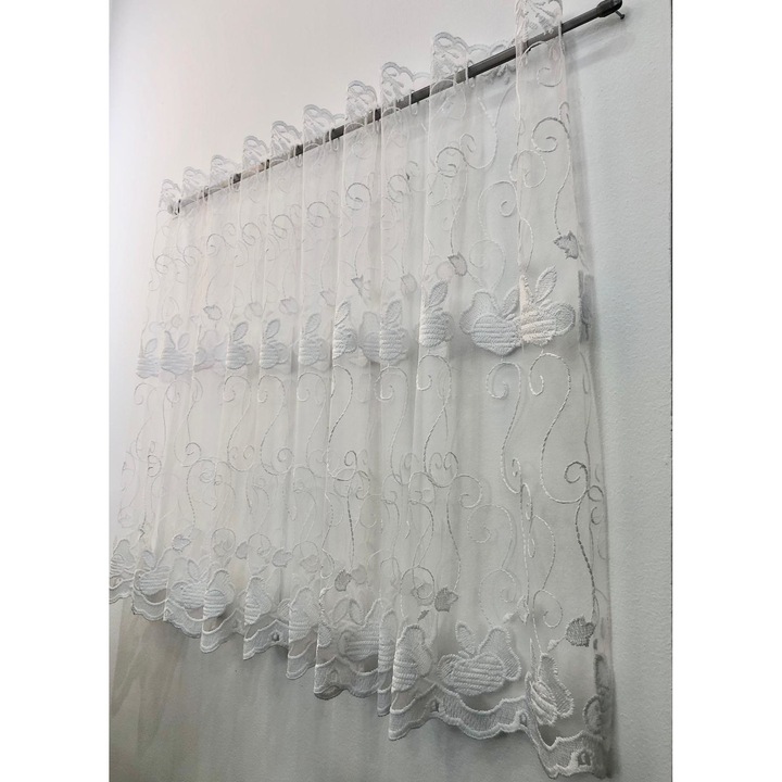 Бяла бродирана завеса, несменяема, къса за кухня или балкон, 50x60 см, Hiko Obst, за директно закрепване към прозореца