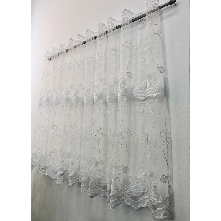 Perdea brodata alba, nesifonabila, scurta pentru bucatarie sau balcon, 100x60cm, Hiko Obst, pentru prindere direct pe geam