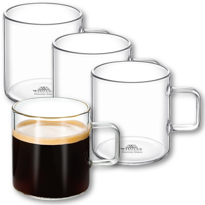 Set cesti cafea termo sticla transparente, 160 ml, 4 piese, cani pentru cafea, ceai, cappuccino, Thermoglass, Wilmax England