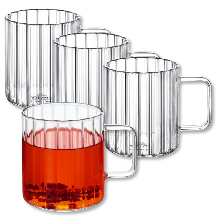 Set Cani termo sticla transparente, 400 ml, 4 piese, cesti pentru cafea, ceai, cappuccino, Thermoglass, Wilmax England
