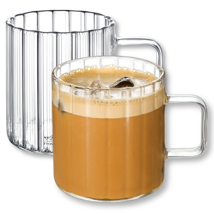 Set Cani termo sticla transparente, 300 ml, 2 piese, cesti pentru cafea, ceai, cappuccino, Thermoglass, Wilmax England