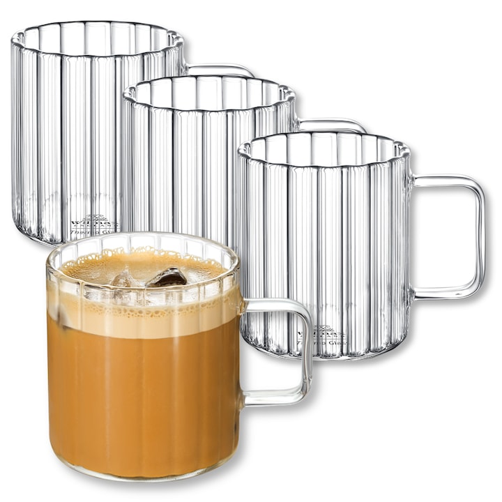 Set cesti cafea termo sticla transparente, 250 ml, 4 piese, cani pentru cafea, ceai, cappuccino, Thermoglass, Wilmax England