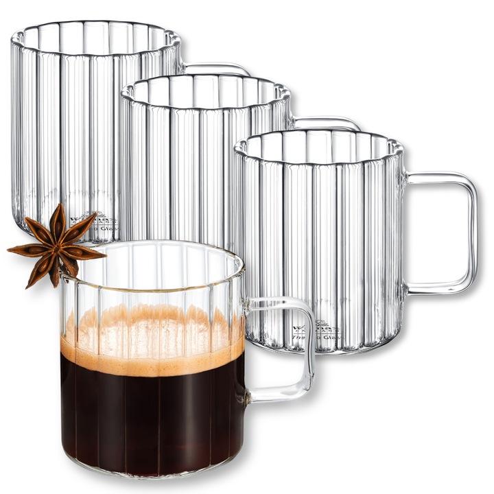 Set cesti cafea termo sticla transparente, 200 ml, 4 piese, cani pentru cafea, ceai, cappuccino, Thermoglass, Wilmax England