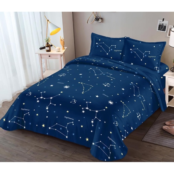 Двойно спално бельо, сатениран памук, 4 части, 2 лица, Constellation, тъмносиньо-бяло, 180x200см