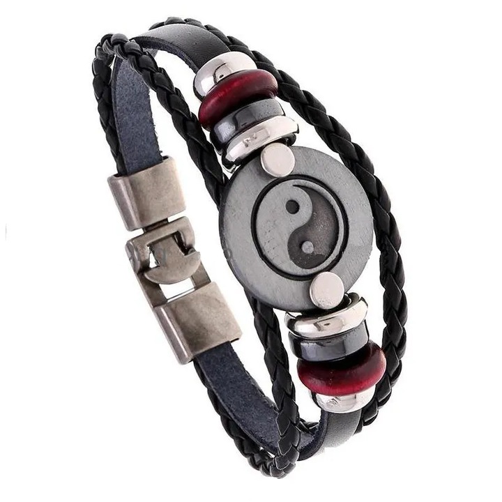 Bratara Yin si Yang, Grelys Print, ajustabila, piele, unisex, margele din lemn, piatra naturala