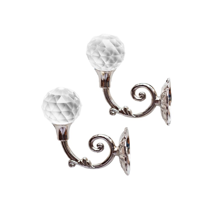 Set carlige suport draperie argintiu cu cristal