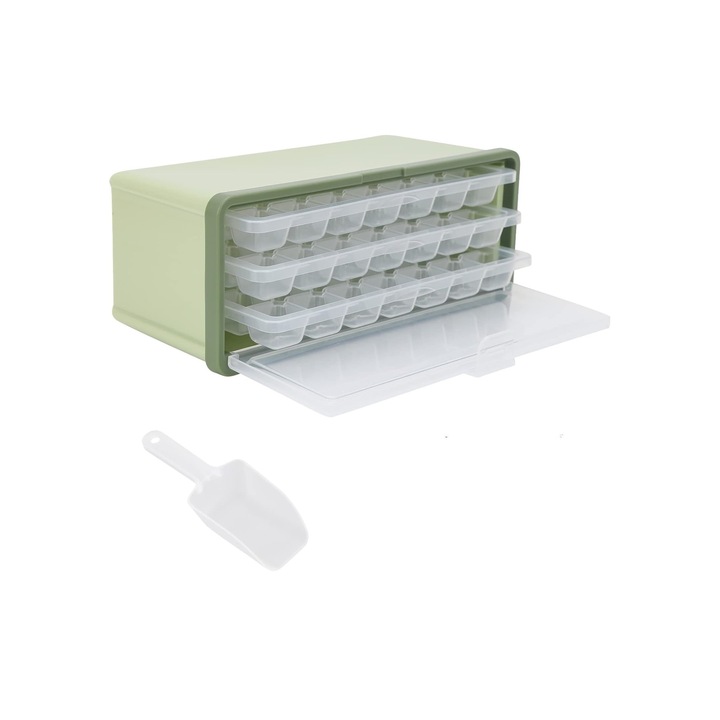 3 db műanyag jégkocka tálcás készlet, tároló tálcával és kanállal, Koktélokhoz, Kávéhoz, Teahoz, Whiskyhez, Zöld/Átlátszó