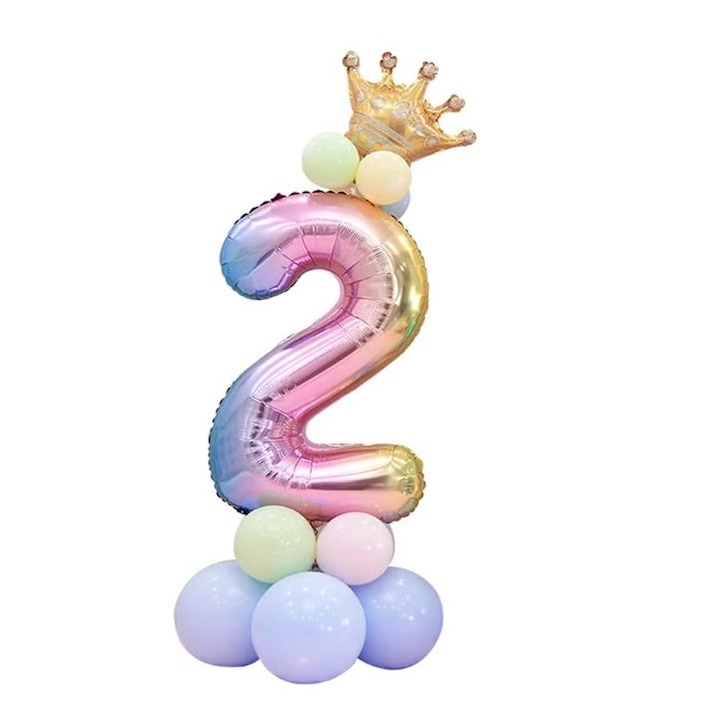 Фолиев балон номер 2, 82 см, дъга, с корона, 12 разноцветни латексови балона, HAPPY JOKER®