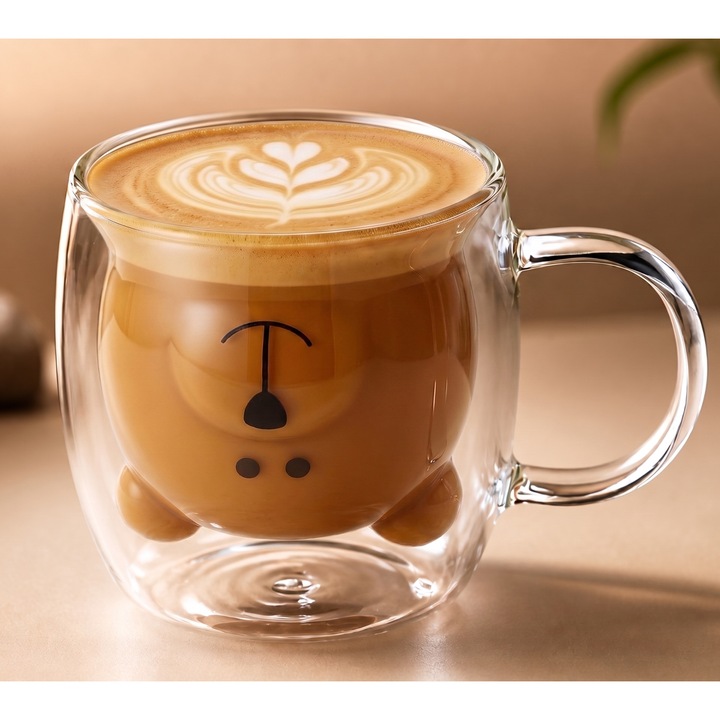 Cana in forma de ursulet din sticla termorezistenta, Aurov®, pereti dubli, pentru ceai si cafea, 260ml, Transparenta