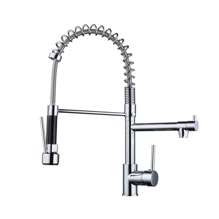 Konyhai mosogató csaptelep, 2 vízfunkció, professzionális, rugalmas zuhannyal, sárgaréz, kerámia betét, króm