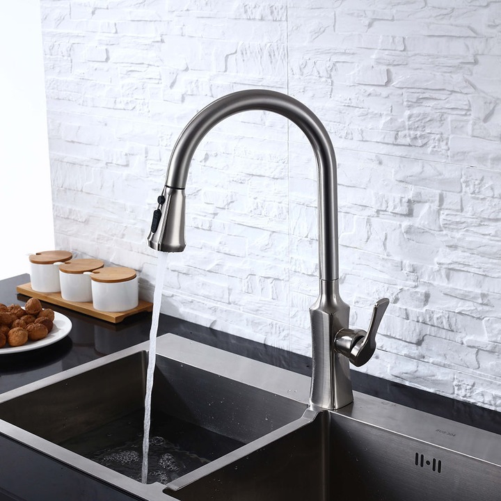 Konyhai csaptelep kihúzható zuhanyzóval Lia, Sárgaréz 360 fokos elforgatással, szürke nikkelezett