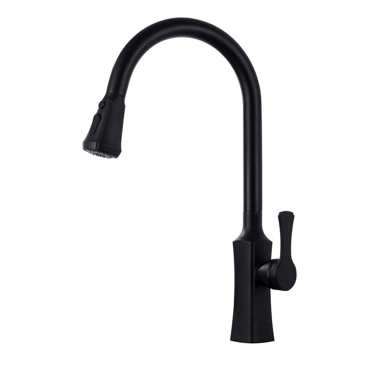 Konyhai csaptelep kihúzható zuhanyzóval Lia, Sárgaréz szaniter 360 fokos elforgatással, Matt fekete