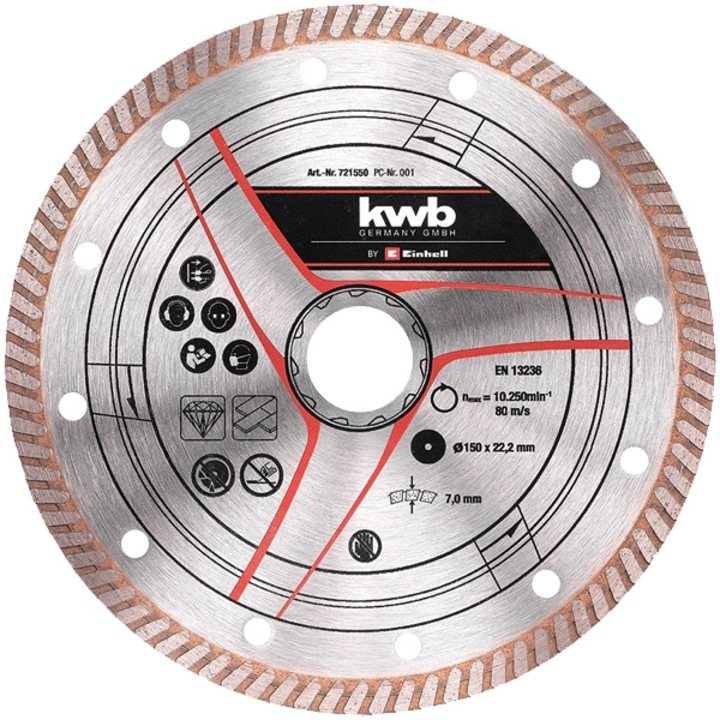 Диск за непрекъснато рязане EINHELL KWB, диамантен, 150 x 22,2 x 1,6 мм, 10250 об/мин, сухо рязане