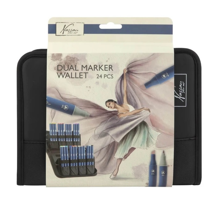 Set 24 markere Nassau Fine Art in penar textil cu fermoar