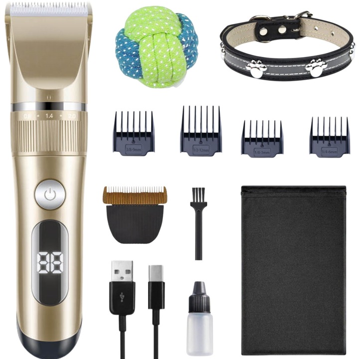 Машинка за подстригване на животни Infiniteea™ за кучета и котки, професионална, водоустойчива, безжична, LED екран, резервно керамично острие, USB кабел, калъф за носене, играчка, нашийник и 4 аксесоара за подстригване са включени, злато