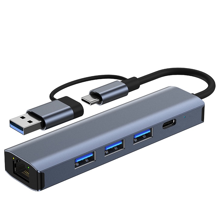 Hub USB 5 in 1, HubPro, USB 3.0, Type-C, Port Gigabit, 5Gbps, Gri