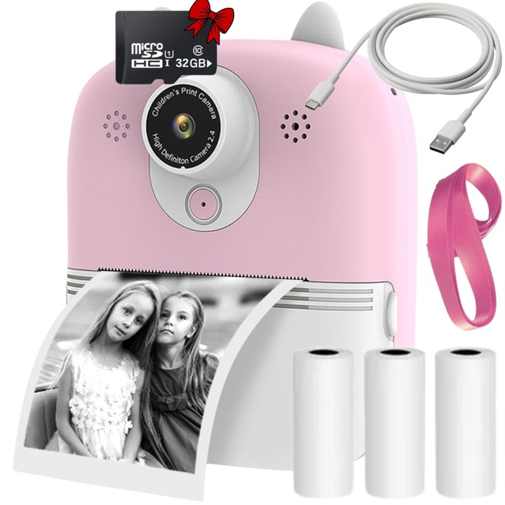 Aparat foto instant SMARTIC®, rezolutie Full HD 1080p, baterie 800mAh, ecran 2.4 inch, card memorie 32 GB, functie de printare instant, un joc integrat, 3 role pentru printare, MP3, mod selfie, USB type-C, roz